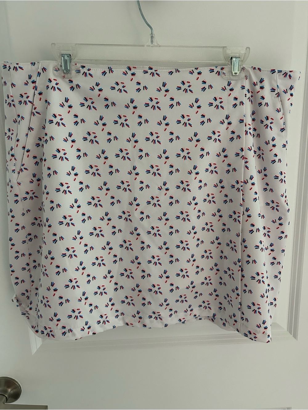 Lady Hagen Women's White Mini Skort with Red & Blue Firework Print